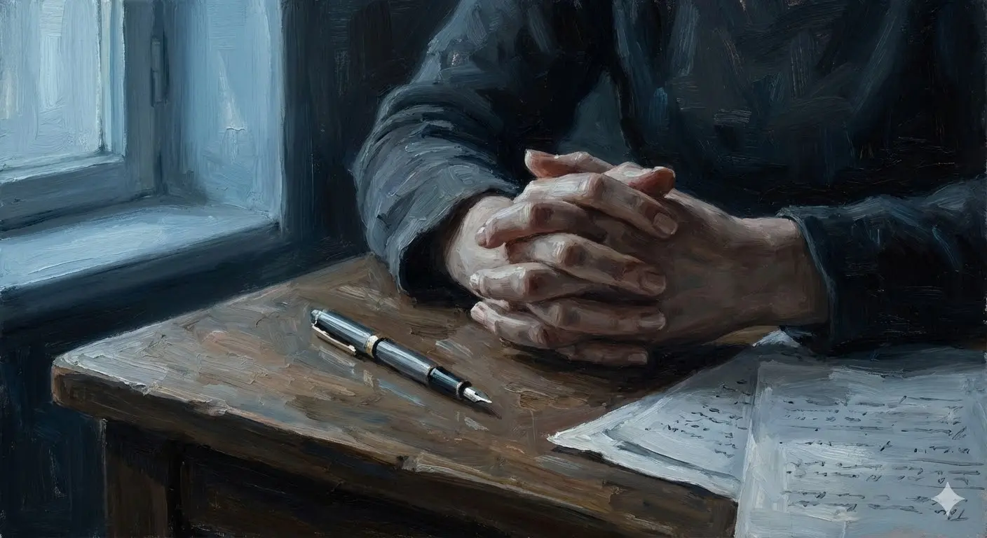 Mãos entrelaçadas sobre uma mesa com páginas escritas — a voz que espera para ser ouvida